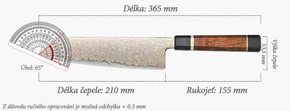 Rozměry šéfkuchařského nože Bunka F5C